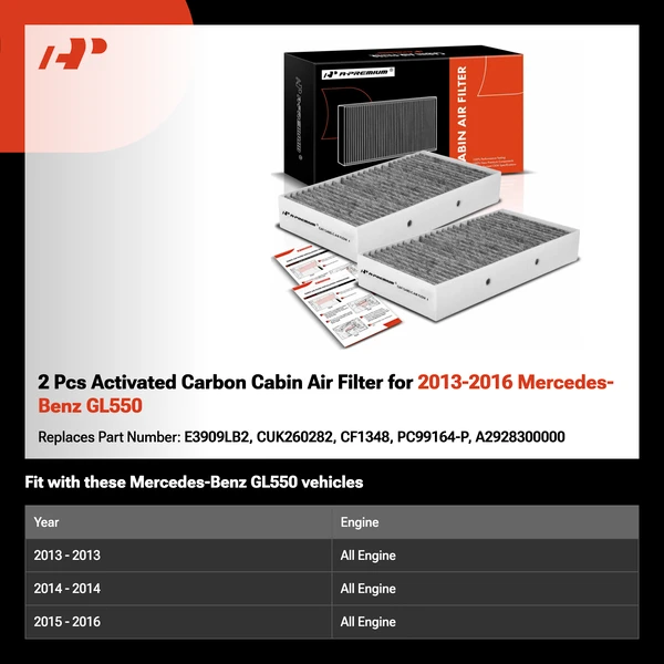 2 Pcs Activated Carbon Cabin Air Filter for 2013-2016 Mercedes-Benz GL550