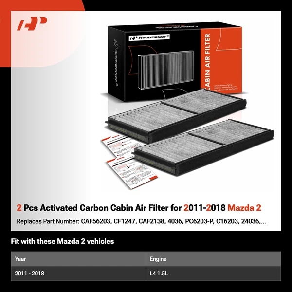 2 Pcs Activated Carbon Cabin Air Filter for 2011-2018 Mazda 2