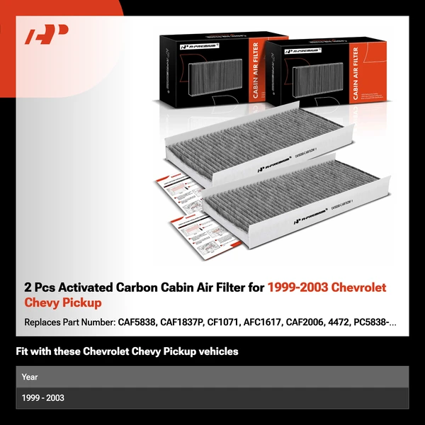 2 Pcs Activated Carbon Cabin Air Filter for 1999-2003 Chevrolet Chevy Pickup