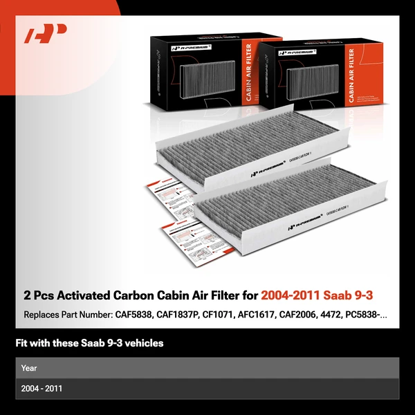 2 Pcs Activated Carbon Cabin Air Filter for 2004-2011 Saab 9-3