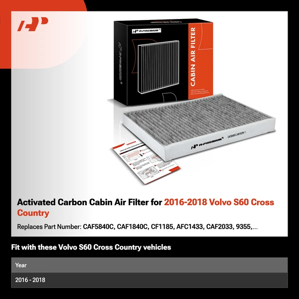 Activated Carbon Cabin Air Filter for 2016-2018 Volvo S60 Cross Country