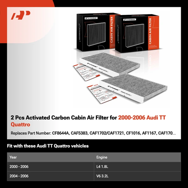 2 Pcs Activated Carbon Cabin Air Filter for 2000-2006 Audi TT Quattro