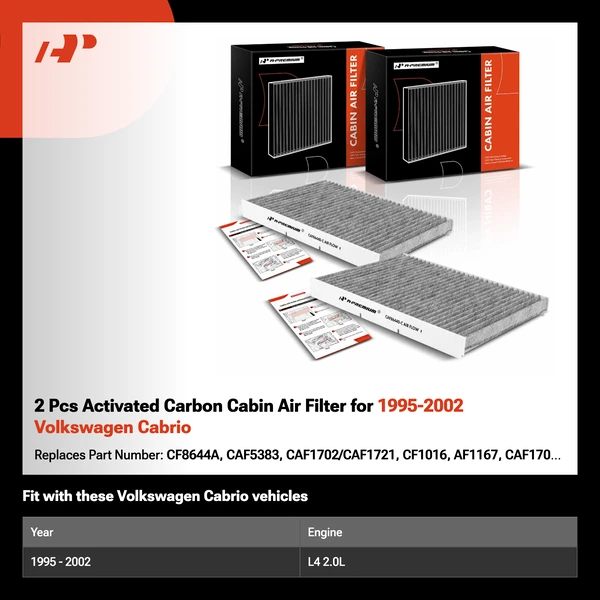 2 Pcs Activated Carbon Cabin Air Filter for 1995-2002 Volkswagen Cabrio