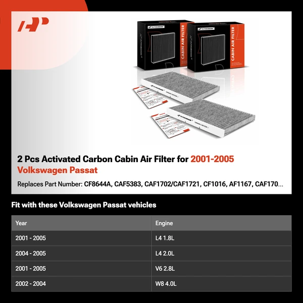 2 Pcs Activated Carbon Cabin Air Filter for 2001-2005 Volkswagen Passat