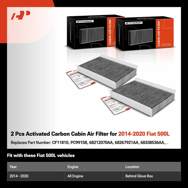 2 Pcs Activated Carbon Cabin Air Filter for 2014-2020 Fiat 500L
