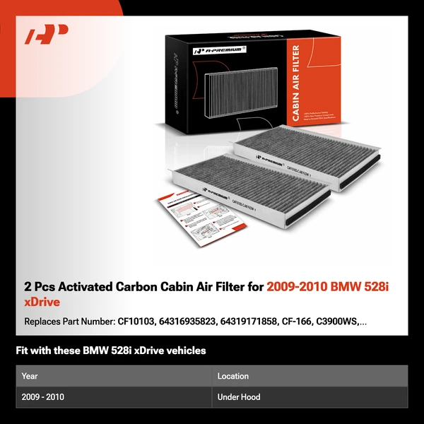 2 Pcs Activated Carbon Cabin Air Filter for 2009-2010 BMW 528i xDrive