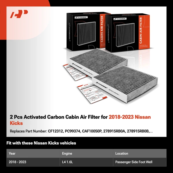 2 Pcs Activated Carbon Cabin Air Filter for 2018-2023 Nissan Kicks