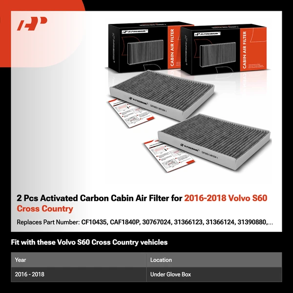 2 Pcs Activated Carbon Cabin Air Filter for 2016-2018 Volvo S60 Cross Country