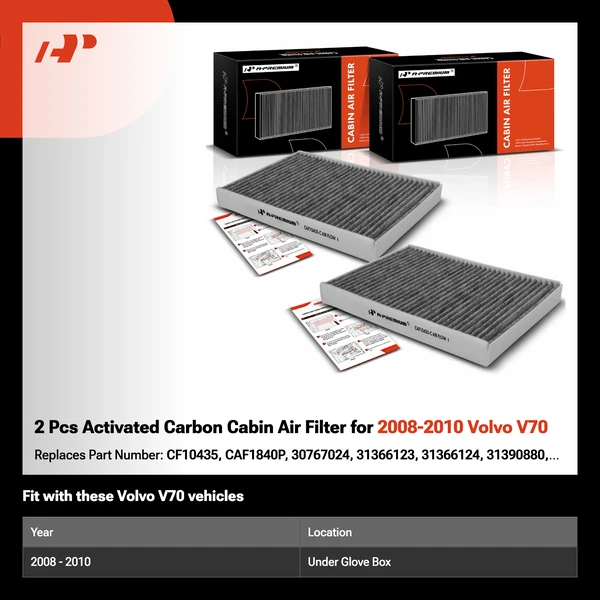 2 Pcs Activated Carbon Cabin Air Filter for 2008-2010 Volvo V70