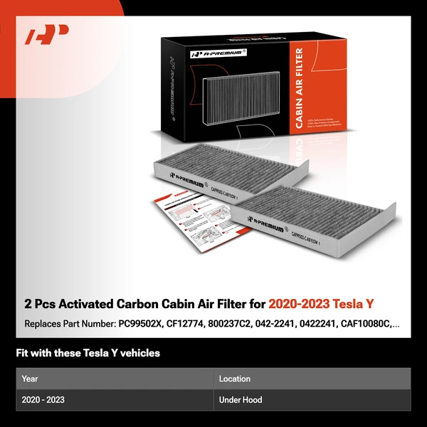 2 Pcs Activated Carbon Cabin Air Filter for 2020-2023 Tesla Y