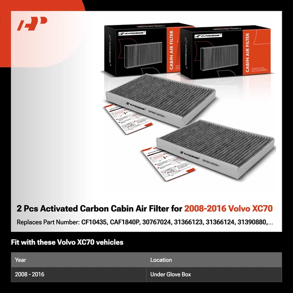 2 Pcs Activated Carbon Cabin Air Filter for 2008-2016 Volvo XC70