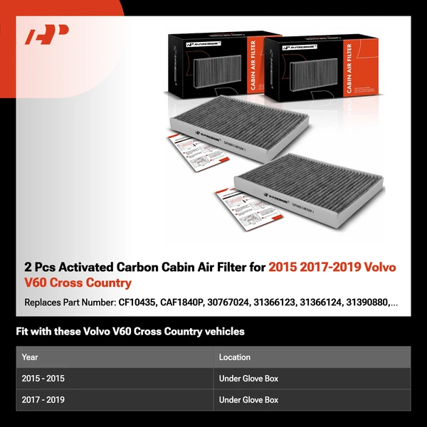 2 Pcs Activated Carbon Cabin Air Filter for 2015 2017-2019 Volvo V60 Cross Country