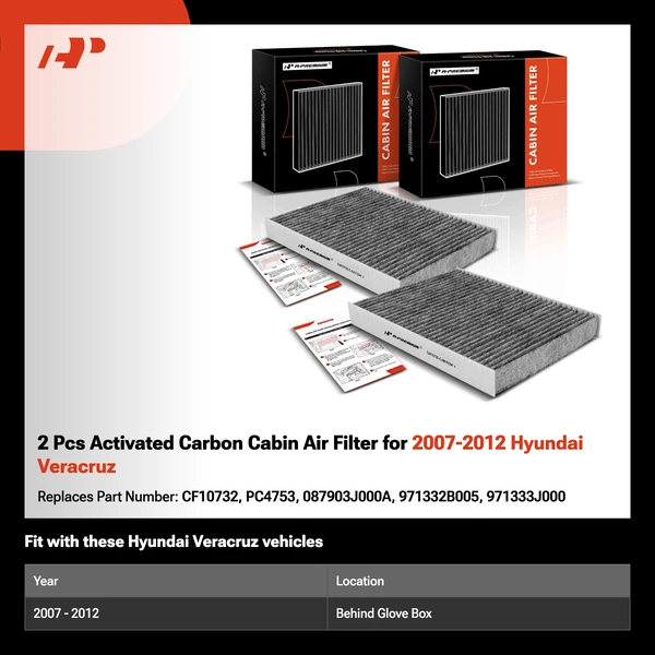 2 Pcs Activated Carbon Cabin Air Filter for 2007-2012 Hyundai Veracruz