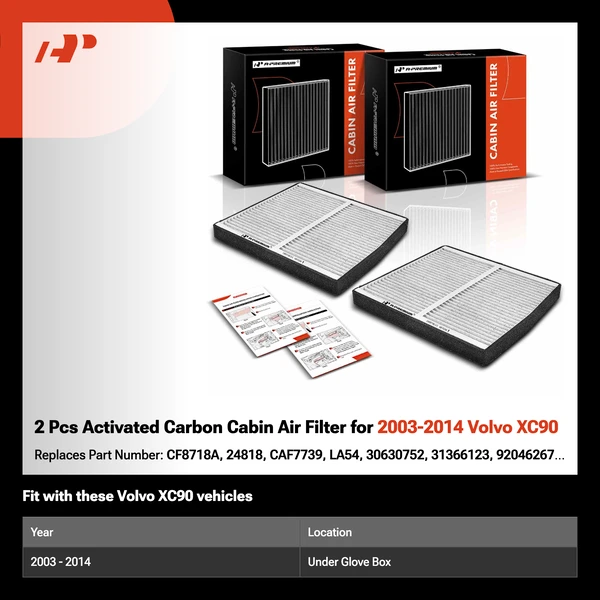 2 Pcs Activated Carbon Cabin Air Filter for 2003-2014 Volvo XC90