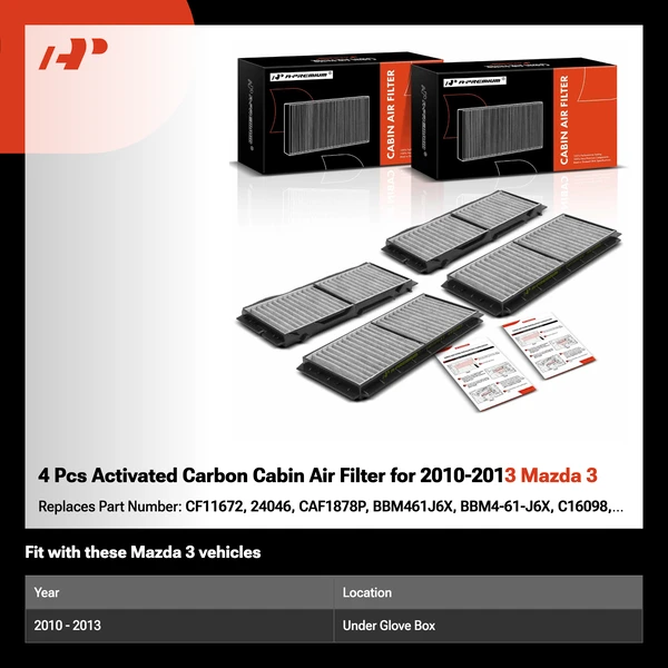 4 Pcs Activated Carbon Cabin Air Filter for 2010-2013 Mazda 3