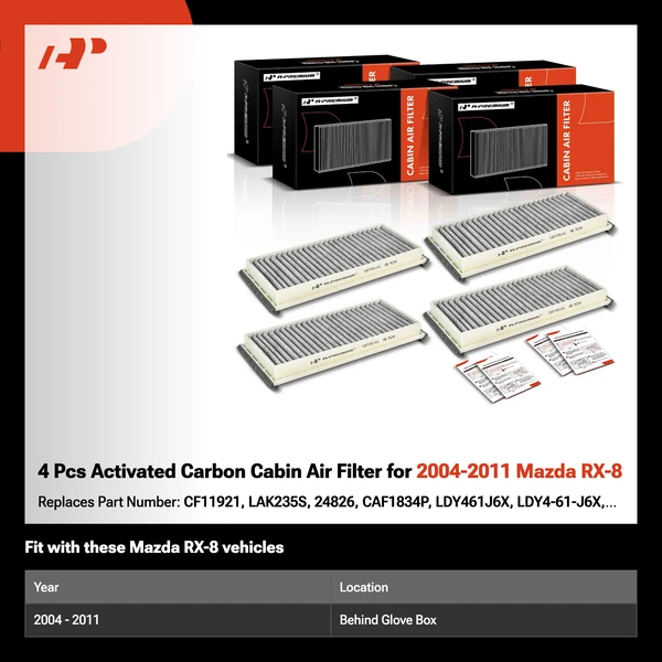 4 Pcs Activated Carbon Cabin Air Filter for 2004-2011 Mazda RX-8