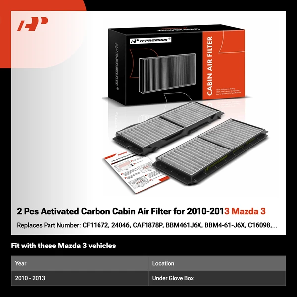 2 Pcs Activated Carbon Cabin Air Filter for 2010-2013 Mazda 3