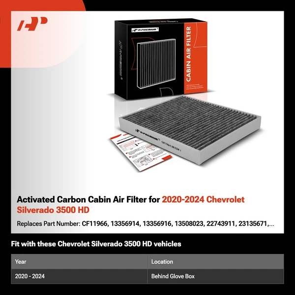 Activated Carbon Cabin Air Filter for 2020-2024 Chevrolet Silverado 3500 HD
