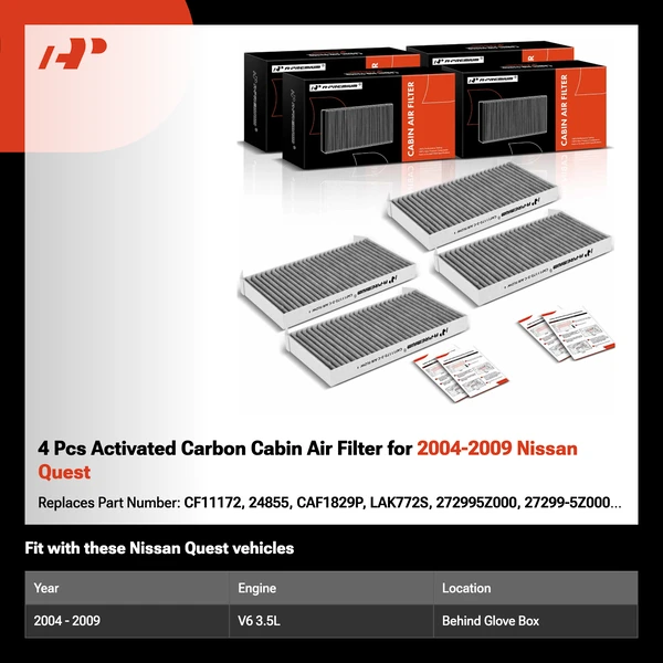 4 Pcs Activated Carbon Cabin Air Filter for 2004-2009 Nissan Quest