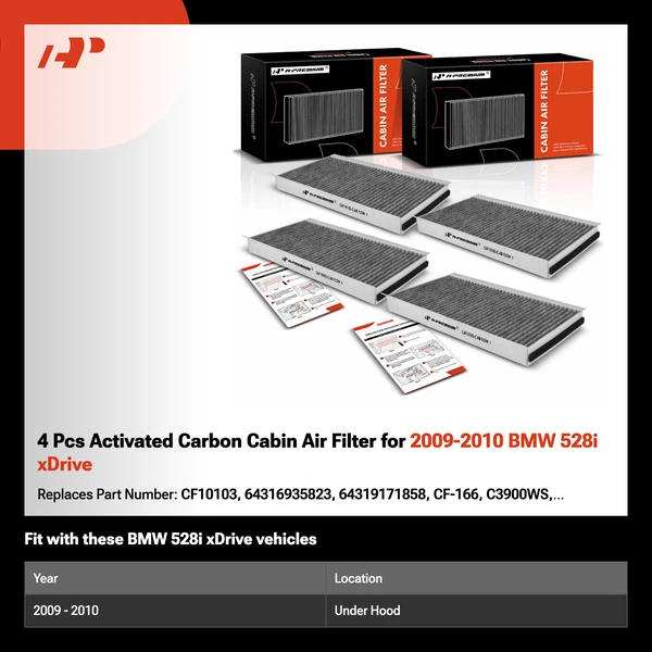 4 Pcs Activated Carbon Cabin Air Filter for 2009-2010 BMW 528i xDrive