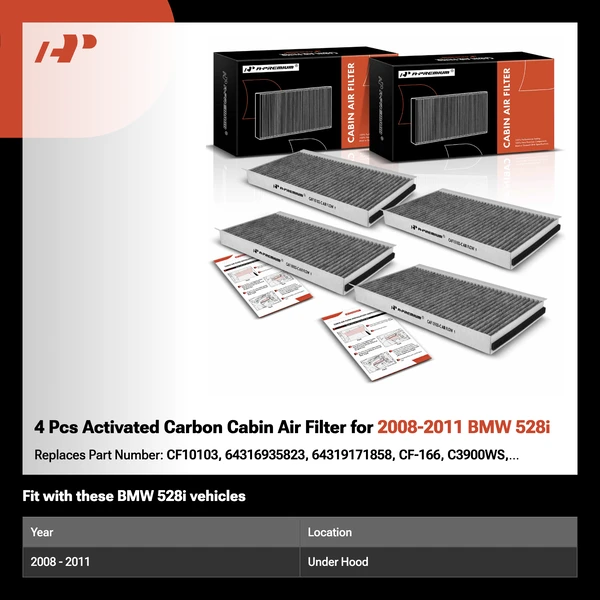 4 Pcs Activated Carbon Cabin Air Filter for 2008-2011 BMW 528i