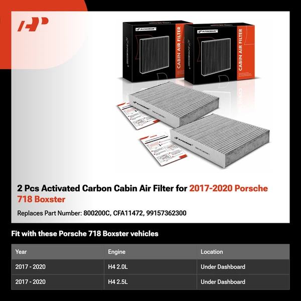 2 Pcs Activated Carbon Cabin Air Filter for 2017-2020 Porsche 718 Boxster