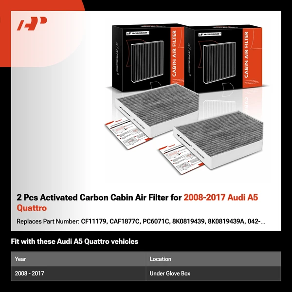 2 Pcs Activated Carbon Cabin Air Filter for 2008-2017 Audi A5 Quattro