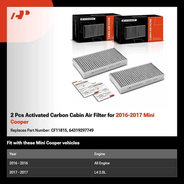 2 Pcs Activated Carbon Cabin Air Filter for 2016-2017 Mini Cooper