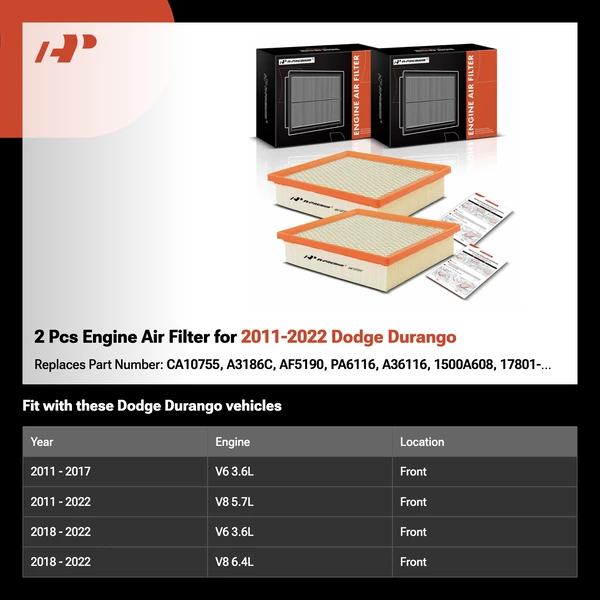 2 Pcs Engine Air Filter for 2011-2022 Dodge Durango