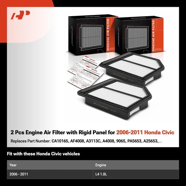 2 Pcs Engine Air Filter with Rigid Panel for 2006-2011 Honda Civic