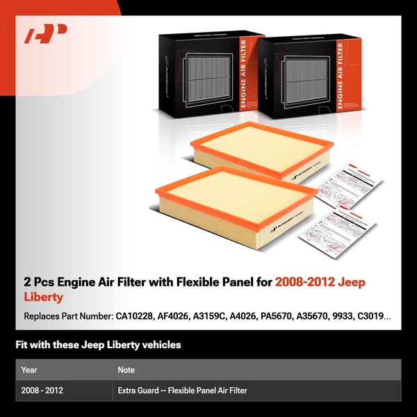 2 Pcs Engine Air Filter with Flexible Panel for 2008-2012 Jeep Liberty