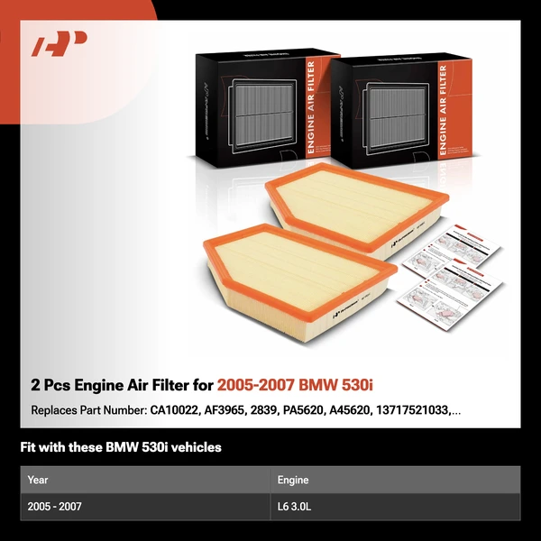 2 Pcs Engine Air Filter for 2005-2007 BMW 530i