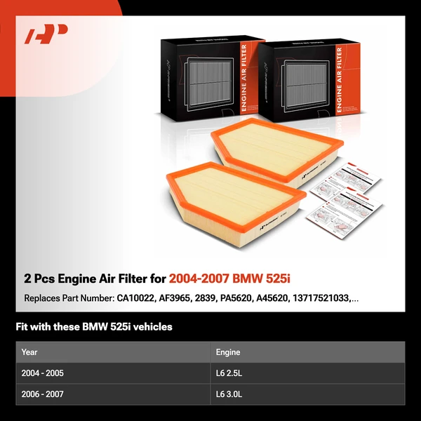 2 Pcs Engine Air Filter for 2004-2007 BMW 525i