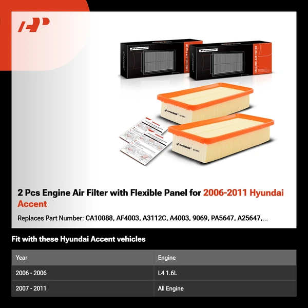 2 Pcs Engine Air Filter with Flexible Panel for 2006-2011 Hyundai Accent