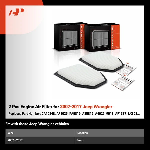2 Pcs Engine Air Filter for 2007-2017 Jeep Wrangler