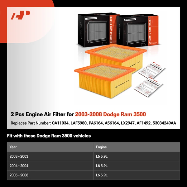 2 Pcs Engine Air Filter for 2003-2008 Dodge Ram 3500