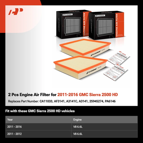 2 Pcs Engine Air Filter for 2011-2016 GMC Sierra 2500 HD