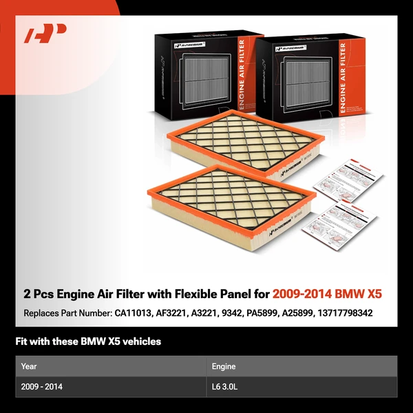 2 Pcs Engine Air Filter with Flexible Panel for 2009-2014 BMW X5