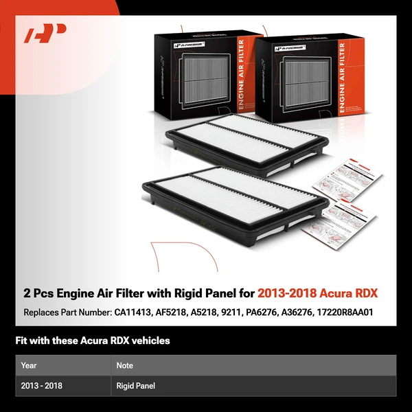 2 Pcs Engine Air Filter with Rigid Panel for 2013-2018 Acura RDX