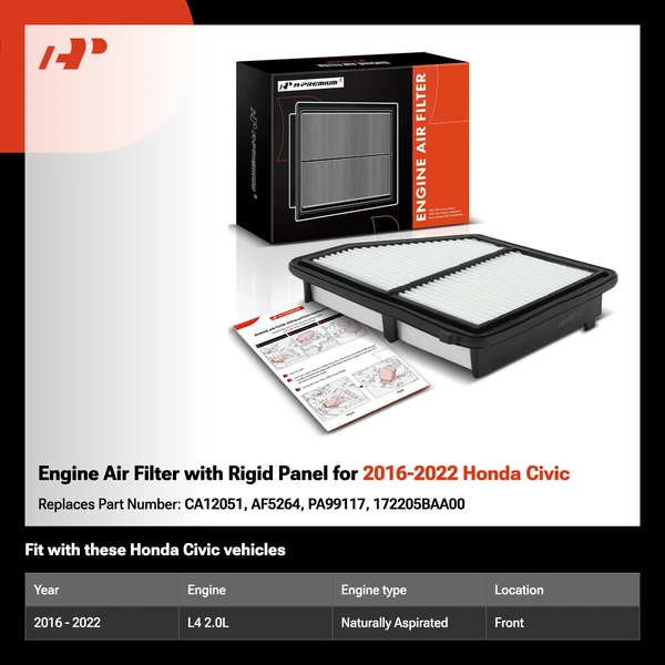 Engine Air Filter with Rigid Panel for 2016-2022 Honda Civic