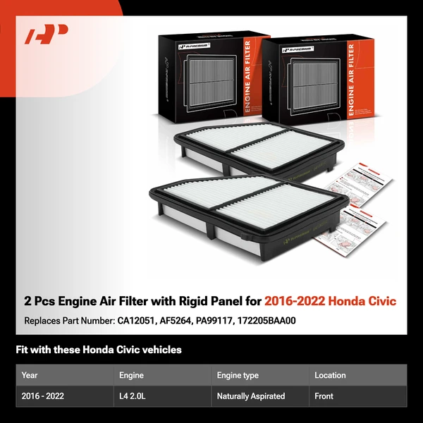 2 Pcs Engine Air Filter with Rigid Panel for 2016-2022 Honda Civic