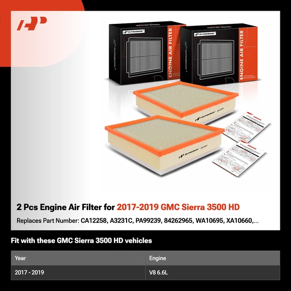 2 Pcs Engine Air Filter for 2017-2019 GMC Sierra 3500 HD