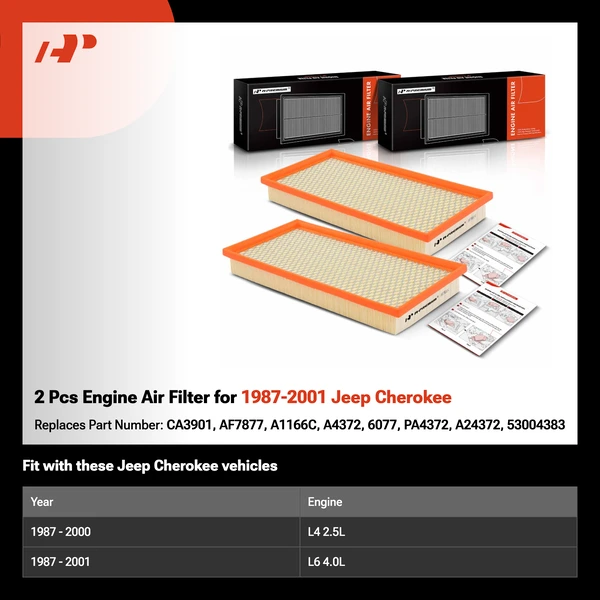 2 Pcs Engine Air Filter for 1987-2001 Jeep Cherokee