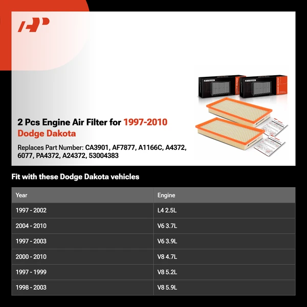 2 Pcs Engine Air Filter for 1997-2010 Dodge Dakota