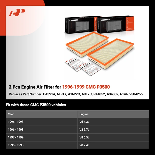 2 Pcs Engine Air Filter for 1996-1999 GMC P3500