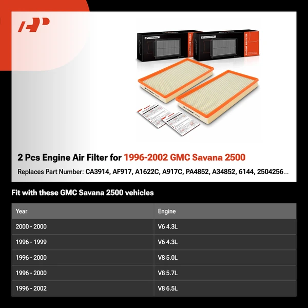 2 Pcs Engine Air Filter for 1996-2002 GMC Savana 2500