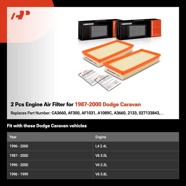 2 Pcs Engine Air Filter for 1987-2000 Dodge Caravan