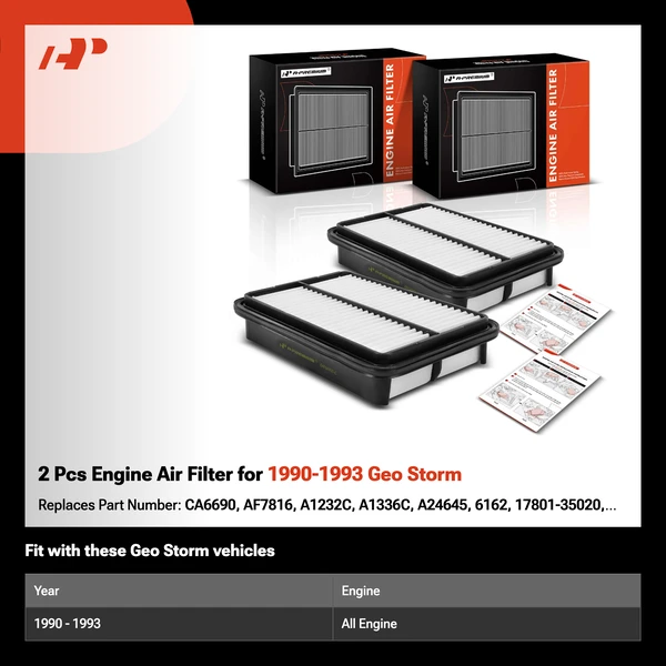 2 Pcs Engine Air Filter for 1990-1993 Geo Storm