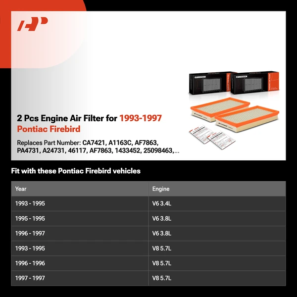 2 Pcs Engine Air Filter for 1993-1997 Pontiac Firebird