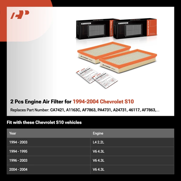 2 Pcs Engine Air Filter for 1994-2004 Chevrolet S10